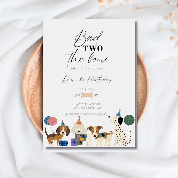 Bad Two the Bone Dog Party Einladung: Bearbeitbare Canva Vorlage