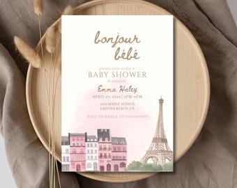 Uitnodiging babyshower met thema Parijs | Bonjour Bébé-uitnodiging | Bewerkbare canvassjabloon