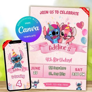 Bearbeitbare Stitch-Geburtstagseinladungsvorlage | Ausdruckbare Einladungskarte zum Geburtstag für Kinder | Digitale Einladungskarte für Boys & Girls Party