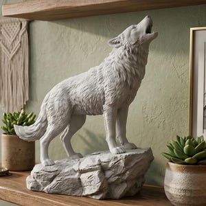 Könnte beinhalten: Eine graue Wolfsstatue in heulender Pose, auf einem Felsensockel, steht auf einem Holzregal. Das Regal enthält auch einen gerahmten Bergdruck, Topf-Sukkulenten und Bücher. Der Raum hat eine neutrale Farbpalette.
