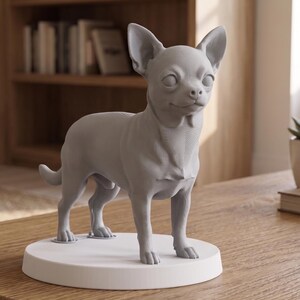 Peut inclure: Une statue de chihuahua grise sur une base circulaire blanche. La figurine de chien est sur une table en bois, avec une bibliothèque et une plante succulente en arrière-plan. C'est un objet décoratif.