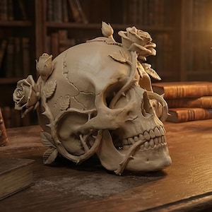 以下が含まれることがあります： バラのつるで飾られた、詳細なオフホワイトの頭蓋骨の彫刻が木製の机の上にあります。 ろうそくが灯された真鍮の燭台と、いくつかのアンティーク本も机の上にあります。 背景には図書館があります。