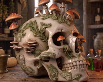 Mushroom-Covered Skull, Poisonous Mushroom Skull Model STL 3D Print Files, Day of the Dead Decoration, Digital Download
