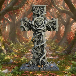 May include: A grey stone cross, adorned with a central rose and climbing vines with smaller roses. The cross stands in a forest, with a path winding through trees with autumnal red and orange leaves.