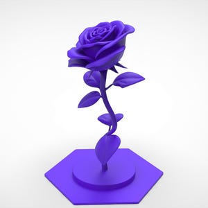 May include: A solid purple rose sculpture featuring a detailed flower head with layered petals, a slender stem with several pointed leaves, and a circular base mounted on a flat, purple hexagonal platform, all rendered in a uniform matte finish.