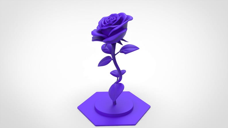 May include: A solid purple rose sculpture featuring a detailed flower head with layered petals, a slender stem with several pointed leaves, and a circular base mounted on a flat, purple hexagonal platform, all rendered in a uniform matte finish.