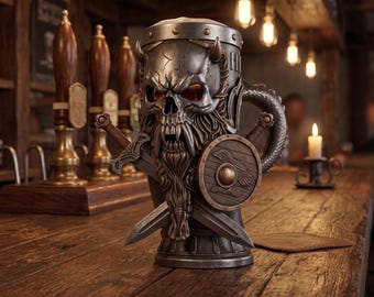 May include: A detailed, metallic beer mug with a skull design, horns, and a long beard. The mug features crossed swords and a shield, evoking a Viking theme. The background shows a bar setting with taps and bottles.