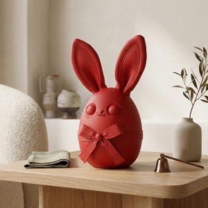 Puede incluir: Un objeto decorativo rojo con forma de conejito de Pascua, con grandes orejas y un lazo, colocado sobre una mesa de madera. El conejito tiene forma de huevo con una cara linda. Una pequeña campana de latón y un jarrón con una planta también están sobre la mesa.