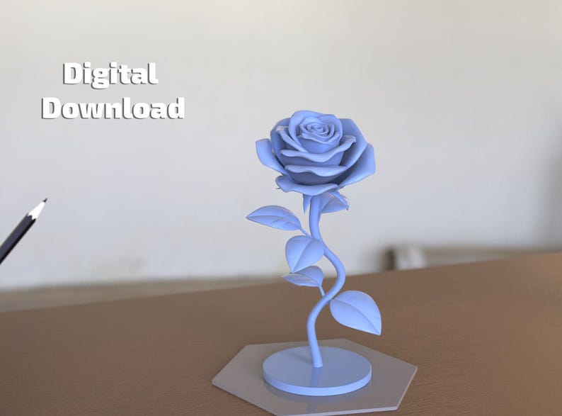 May include: A light blue 3D model of a rose flower with a stem, leaves, and a circular base, standing on a hexagonal platform. The text Digital Download is visible in the upper left corner. A pencil tip is partially visible on the far left side.