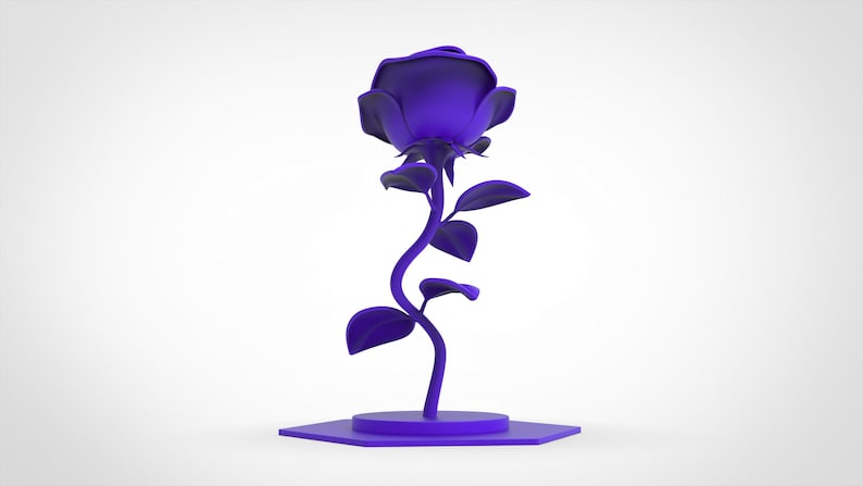 May include: A solid purple rose sculpture featuring a single blooming flower head, a curved stem with several pointed leaves, and a circular base attached to a flat hexagonal platform. The entire object is monochromatic and matte purple.