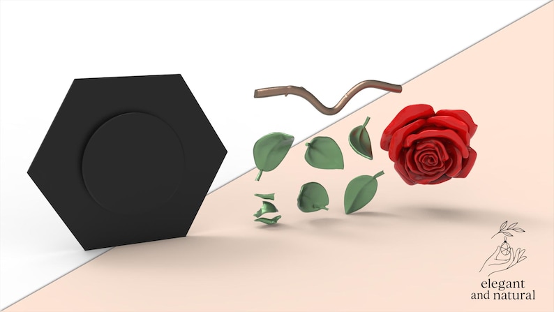 May include: A black hexagonal base with a circular center, a brown curved stem, several small green leaves, and a vibrant red rose blossom. The image includes a logo with a hand holding a leaf and the text elegant and natural.
