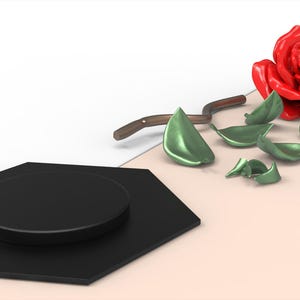May include: A black hexagonal display stand with a circular top platform, accompanied by a red rose flower, a brown stem, and several detached green leaves. The image includes a small logo with a hand illustration and the text elegant and natural.