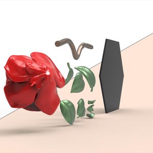May include: A 3D rendered composition featuring a glossy red rose bloom, several green leaves, a curved brown stem segment, and a dark gray vertical hexagon shape. The text "elegant and natural" appears in the bottom right corner.
