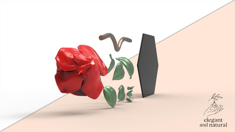 May include: A 3D rendered composition featuring a glossy red rose bloom, several green leaves, a curved brown stem segment, and a dark gray vertical hexagon shape. The text "elegant and natural" appears in the bottom right corner.