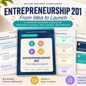 May include: Entrepreneurship 201 From Idea to Launch educational kit featuring a central workbook, Venture Bucks currency sheets, and business cards. The materials include text, icons, and instructions for a hands-on business simulation.