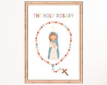 Stampa artistica del rosario della Vergine Maria: decorazione per la cameretta dei bambini cattolica (download digitale)