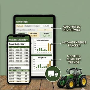 Puede incluir: Una aplicación digital de gestión agrícola que se muestra en una tableta y un teléfono inteligente, que muestra datos financieros, historial de salud animal y registros de partos. Un tractor verde está en el fondo, con el texto "AUTOMATED PROFIT/MILE", "INCOME/EXPENSE TRACKER" y "MONTHLY SUMMARY TRENDS".
