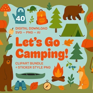 Könnte beinhalten: Bunte Illustration mit Camping-Motiven. Enthält einen Bären, ein Zelt, ein Lagerfeuer, eine Gitarre und den Text "Let's Go Camping!" in Orange. Weitere Elemente sind ein Rucksack, ein Kompass und ein Fuchs.