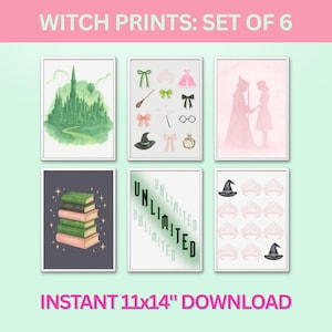 May include: Set of six framed witch-themed prints. The prints feature illustrations of a green castle, witch accessories, silhouettes of witches, a stack of books, the word "UNLIMITED", and tiaras and witch hats. The text "WITCH PRINTS: SET OF 6" and "INSTANT 11x14" DOWNLOAD" are displayed.