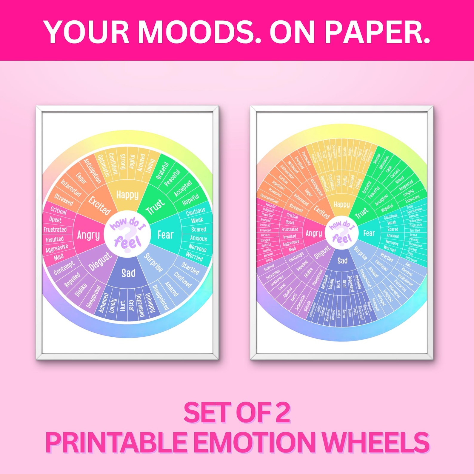 Printable Emotion Wheel – Feelings Chart for Kids and Adults (set of 2 ...