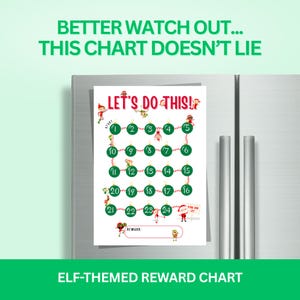 May include: An elf-themed reward chart with green ornaments numbered 1-24, displayed on a refrigerator. The chart includes the text "LET'S DO THIS!" and "REWARD:". The top of the chart reads "BETTER WATCH OUT... THIS CHART DOESN'T LIE".
