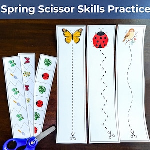 May include: Educational activity sheets for scissor skills practice, featuring spring-themed images like a butterfly, ladybug, and bird. The text "Spring Scissor Skills Practice" is at the top. A pair of blue scissors is at the bottom.