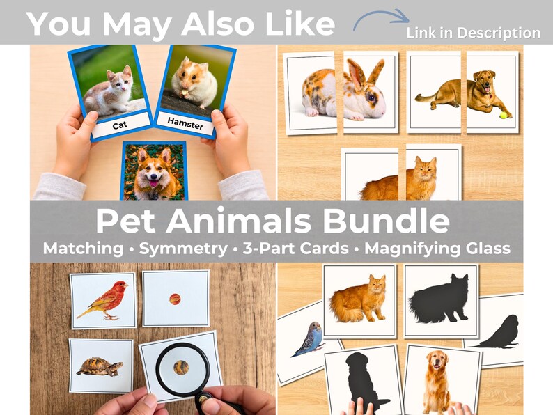 May include: A Pet Animals Bundle educational set featuring matching cards, symmetry cards, 3-part cards, and a magnifying glass. The cards display various animals including a cat, hamster, dog, rabbit, bird, and turtle with text labels.