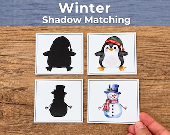 May include: A Winter Shadow Matching educational activity set featuring four rectangular cards. Two cards display black silhouettes of a penguin and a snowman, while the other two show colorful illustrations of a penguin in a hat and a snowman.