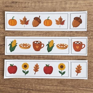 Fall pattern activity answer key featuring 16 AB, AAB, ABB, and ABC pattern strips.