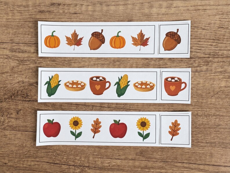 Fall pattern activity answer key featuring 16 AB, AAB, ABB, and ABC pattern strips.