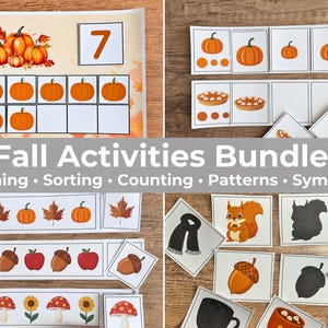 May include: A fall activities bundle featuring printed educational cards for matching, sorting, counting, patterns, and symmetry. The cards display colorful illustrations of pumpkins, apples, acorns, mushrooms, squirrels, and scarves on white paper.