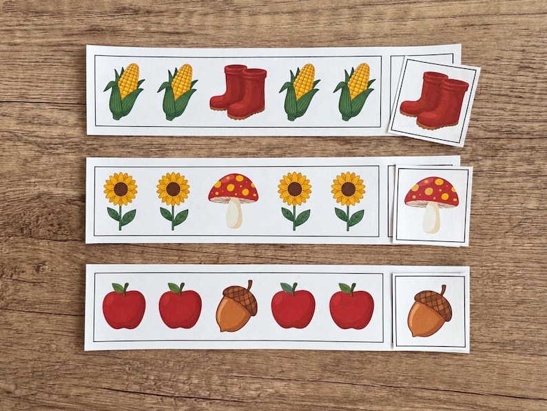 Fall pattern strips featuring pumpkins, leaves, apples, acorns, and autumn-themed pictures.