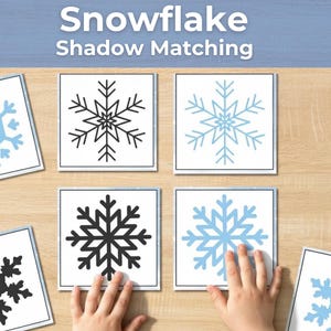 May include: A Snowflake Shadow Matching educational activity set featuring square cards with various snowflake illustrations in blue and black ink. The cards display different snowflake patterns, some as solid blue shapes and others as black outlines.
