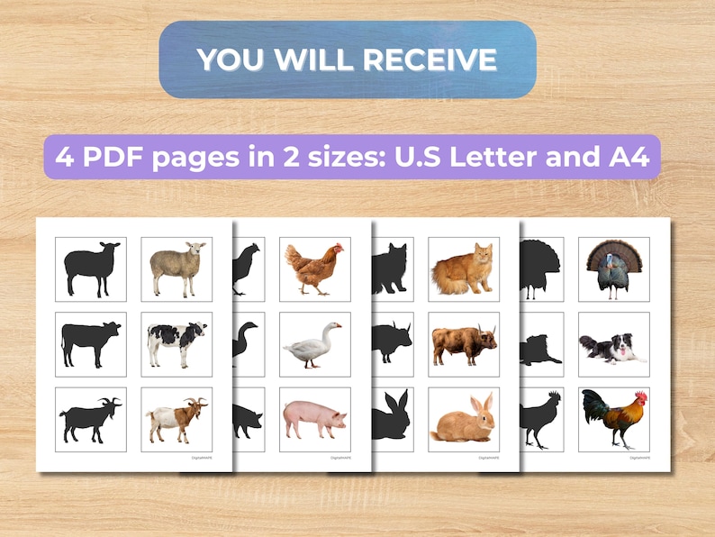 Farm Animals Shadow Matching Activity | Montessori Printable Cards