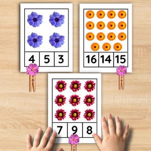 Puede incluir: Tarjetas educativas con ilustraciones florales y números. Las tarjetas presentan flores azules, naranjas y rojas, con los números 3, 4, 5, 7, 8, 9, 14, 15 y 16. Las tarjetas están sujetas con pinzas de madera con detalles de flores rosas.
