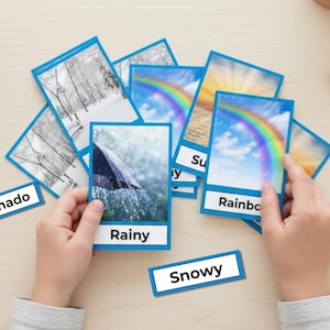 May include: A collection of weather flashcards with blue borders, featuring images of a snowy forest, a rainbow, rain, and a sunny sky. The cards are labeled with the words "Tornado", "Rainy", and "Snowy".