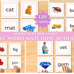 CVC Word Matching Cards – Short Vowels A E I O U | Montessori Pink Series Printable