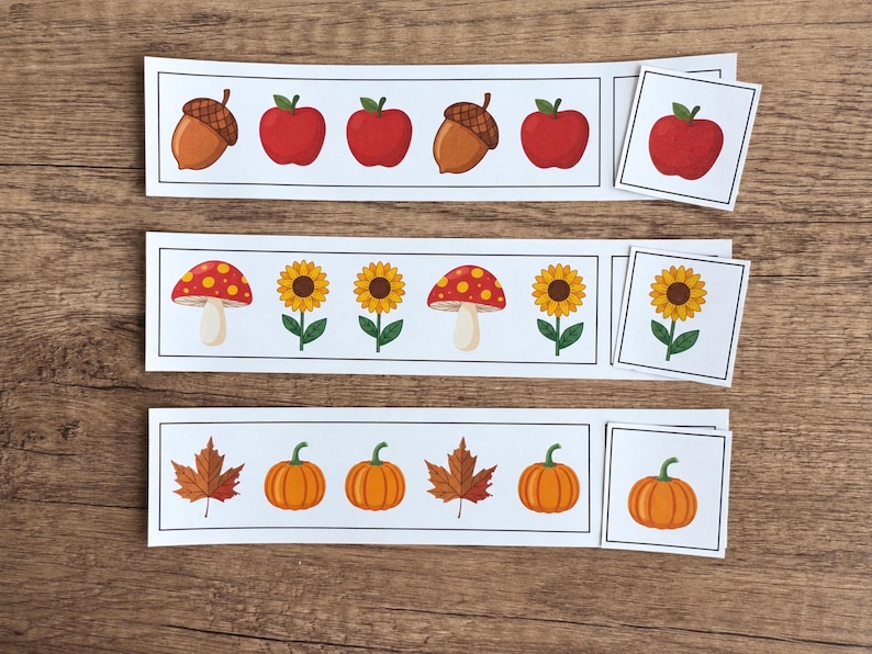Preschool pattern activity with fall-themed cut and match cards for hands-on learning.