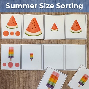 May include: A Summer Size Sorting educational activity set featuring white cards with illustrations of watermelon slices and rainbow popsicles in varying sizes. The cards include orange and pink circular markers, with the text Summer Size Sorting.