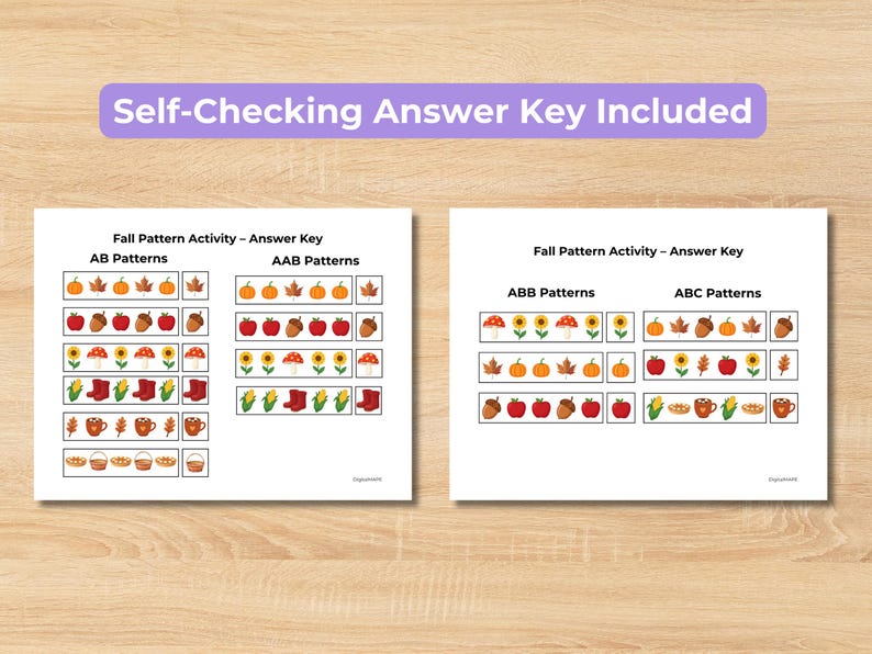 Montessori fall pattern printable for practicing repeating patterns and early math skills.