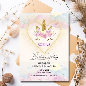 Modelo de convite de aniversário de unicórnio editável, design Canva, cartão de festa digital para impressão