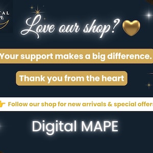 Peut inclure: Un graphique bleu fonc&eacute; avec des accents dor&eacute;s pr&eacute;sentant le texte Love our shop? avec une ic&ocirc;ne de c&oelig;ur dor&eacute;. Il inclut les phrases Your support makes a big difference, Thank you from the heart, et Follow our shop for new arrivals & special offers.