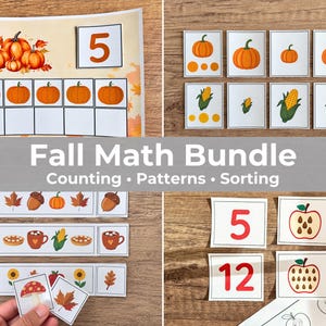 Könnte beinhalten: Ein Fall Math Bundle Lernset mit Zähl-, Muster- und Sortieraktivitäten. Die Materialien umfassen Karten mit Kürbissen, Mais, Äpfeln und Blättern sowie Zahlenkarten mit 5 und 12 und Musterstreifen mit saisonalen Symbolen und Abbildungen.