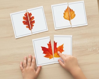 Fall Leaves Symmetry Matching Puzzle Cards | Montessori Printable Preschool Kindergarten Autumn Activity