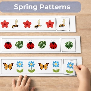 May include: Three white strips with spring-themed patterns. The top strip has red flowers and bees. The middle strip has red ladybugs and green leaves. The bottom strip has butterflies and blue flowers. The text "Spring Patterns" is at the top.