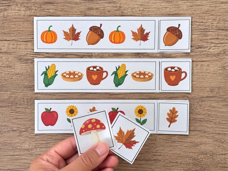 Kindergarten fall math activity for pattern recognition, sequencing, and visual discrimination.