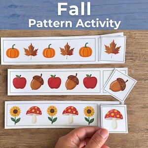 May include: A Fall Pattern Activity educational set featuring three horizontal paper strips with repeating sequences of pumpkins, leaves, apples, acorns, sunflowers, and mushrooms. Each strip includes a matching square card to complete the pattern.