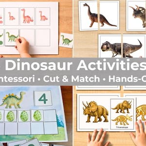 May include: A collection of six dinosaur-themed educational activities. The image shows matching games, counting exercises, and puzzles featuring watercolor illustrations of various dinosaurs. The text reads "6 Dinosaur Activities Montessori Cut & Match Hands-On."
