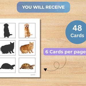 May include: A printable sheet featuring 48 cards with 6 cards per page, displaying animal silhouettes paired with realistic color photographs of a dog, a cat, and a turtle. The text reads YOU WILL RECEIVE, 48 Cards, and 6 Cards per page.