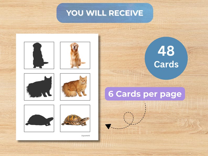 May include: A printable sheet featuring 48 cards with 6 cards per page, displaying animal silhouettes paired with realistic color photographs of a dog, a cat, and a turtle. The text reads YOU WILL RECEIVE, 48 Cards, and 6 Cards per page.